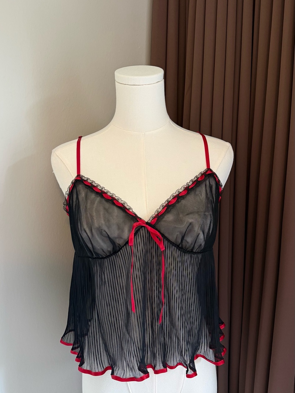 Victoria's Secret Black Sheer Mesh Chemise with Red Trim